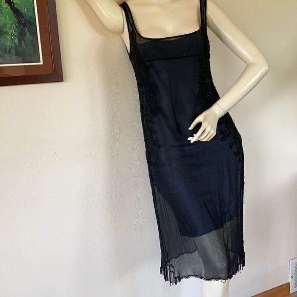 TAHARI Dress sheer sleeveless beaded silk black with grey slip two piece size 2 - Picture 11 of 16